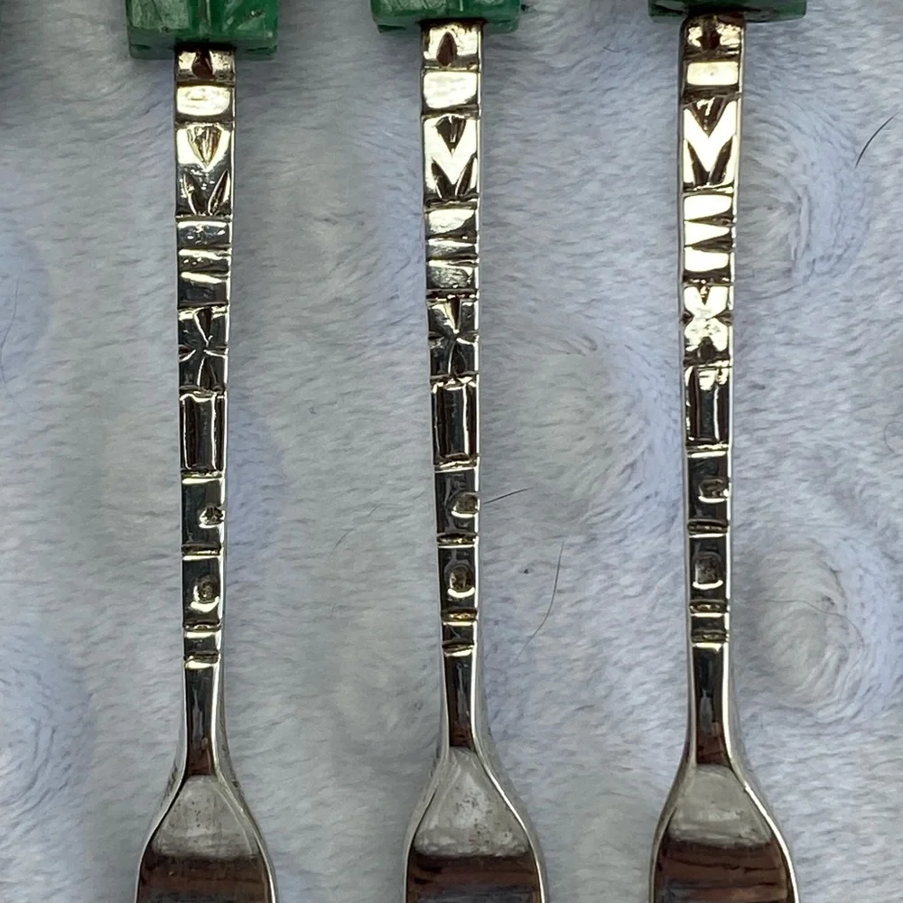 Vintage Hand Carved Jade and Sterling Silver Relish/Cocktail Forks
